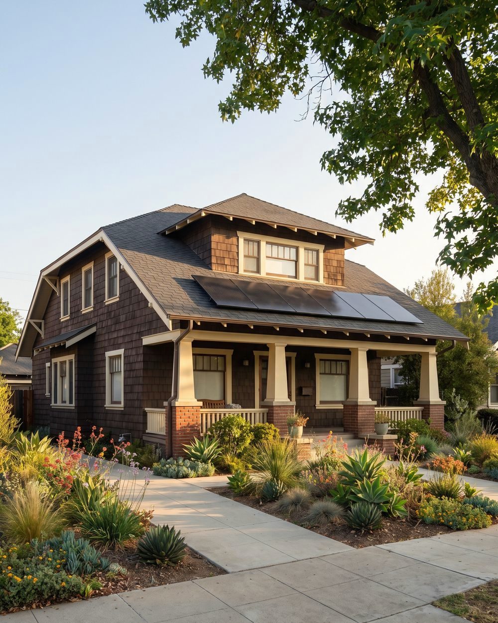 A two-story Craftsman house with dark brown shingle siding and a block of all-black panels on its hipped roof, seen from the sidewalk under a street tree
